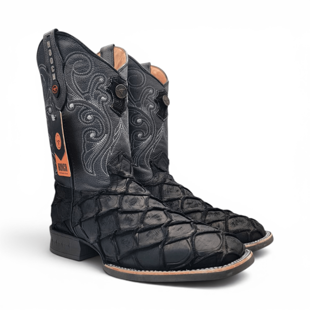 Hooch Boots Men's Handcrafted Black Pirarucu Print Genuine Leather Square Toe Western Boots - Pair Side View