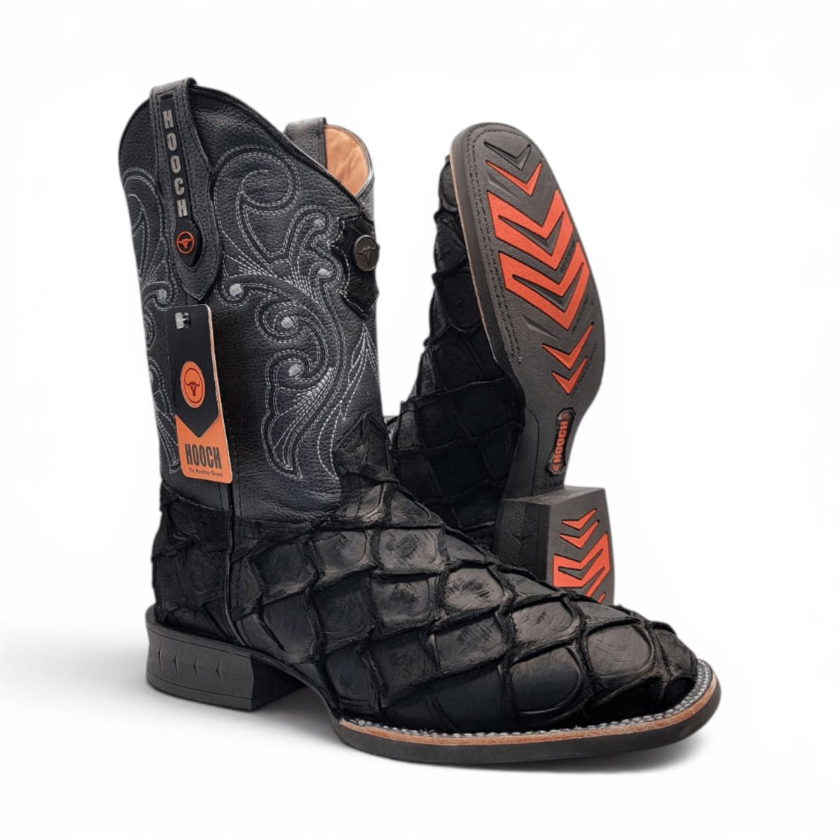 Hooch Boots Men's Handcrafted Black Pirarucu Print Genuine Leather Square Toe Western Boots - Side/Sole View
