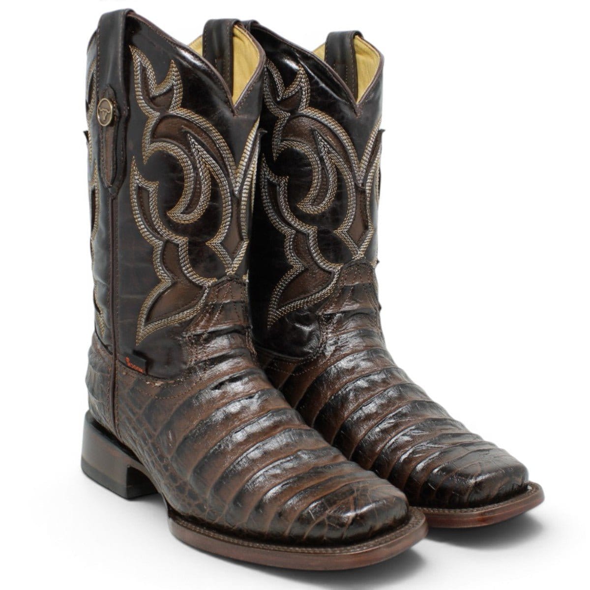 Hooch Boots Men's Handcrafted Chocolate Caiman Belly Print Genuine Leather Rodeo Toe Western Boots - Pair Side View