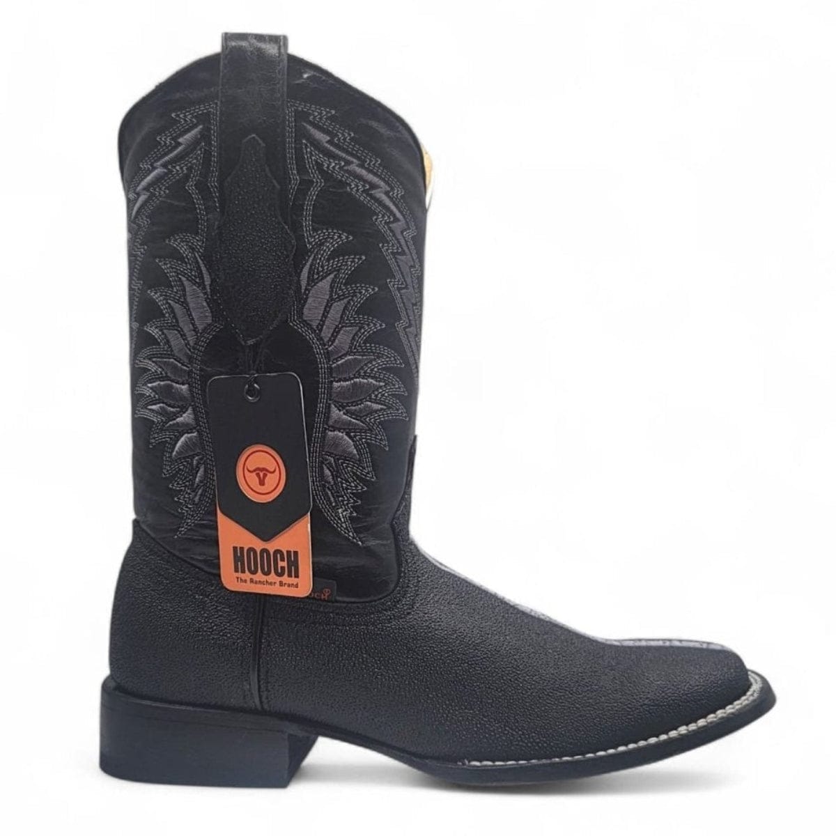 Hooch Boots Men's Handcrafted Black Full Rowstone Stingray Print Genuine Leather Wide Square Toe Western Boots - Right Side View