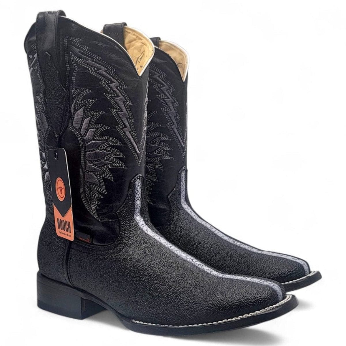 Hooch Boots Men's Handcrafted Black Full Rowstone Stingray Print Genuine Leather Wide Square Toe Western Boots - Pair Side View