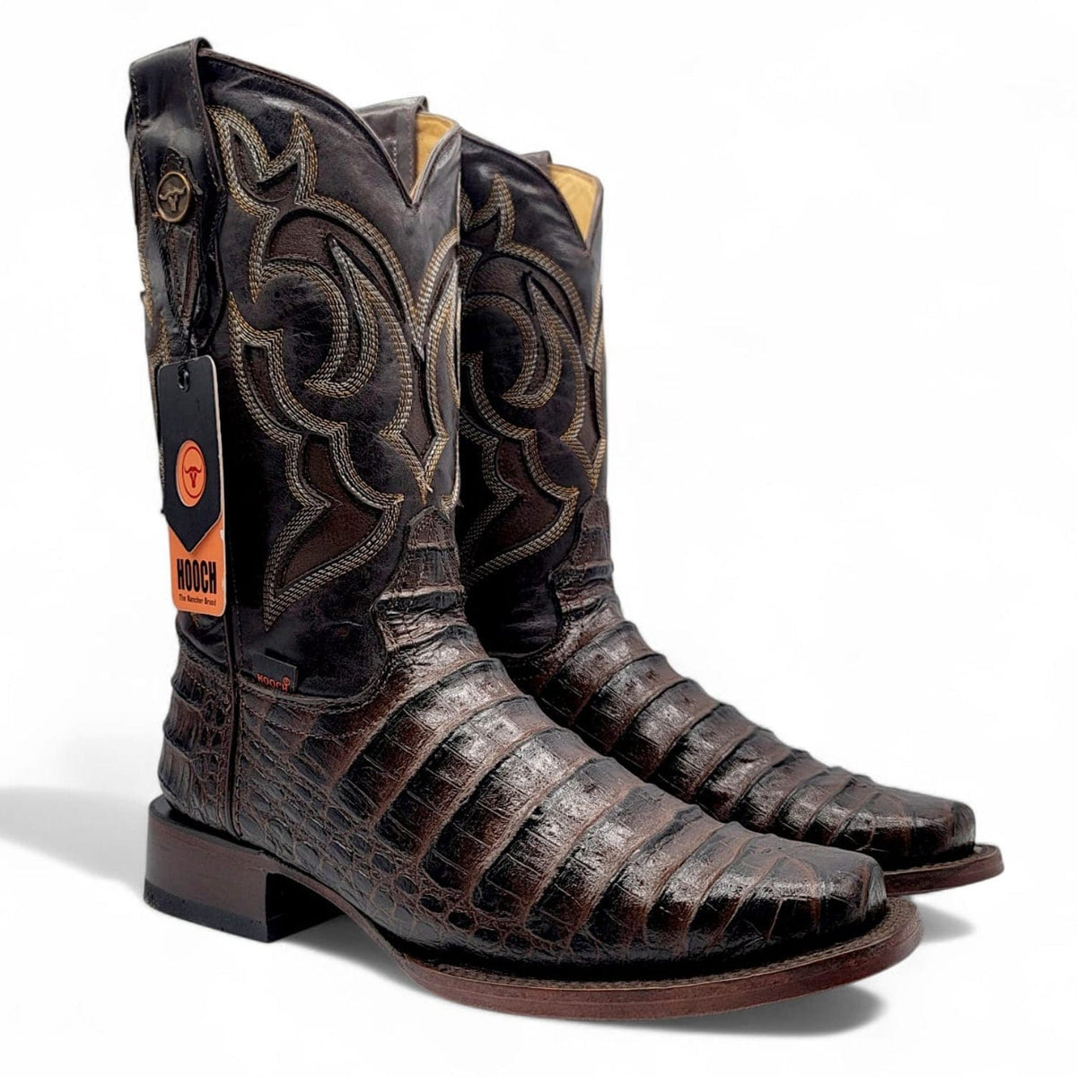 Hooch Boots Men's Handcrafted Chocolate Caiman Belly Print Genuine Leather Wide Square Toe Western Boots - pair Side View