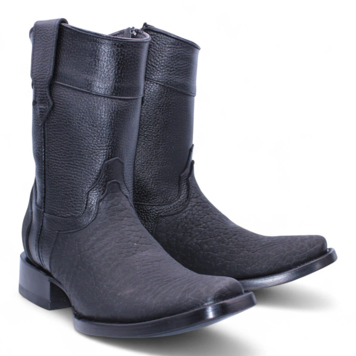 Hooch Boots Men's Handcrafted Black Bull Neck Genuine Leather Dubai Square Toe Western Short Boots - Pair Side View
