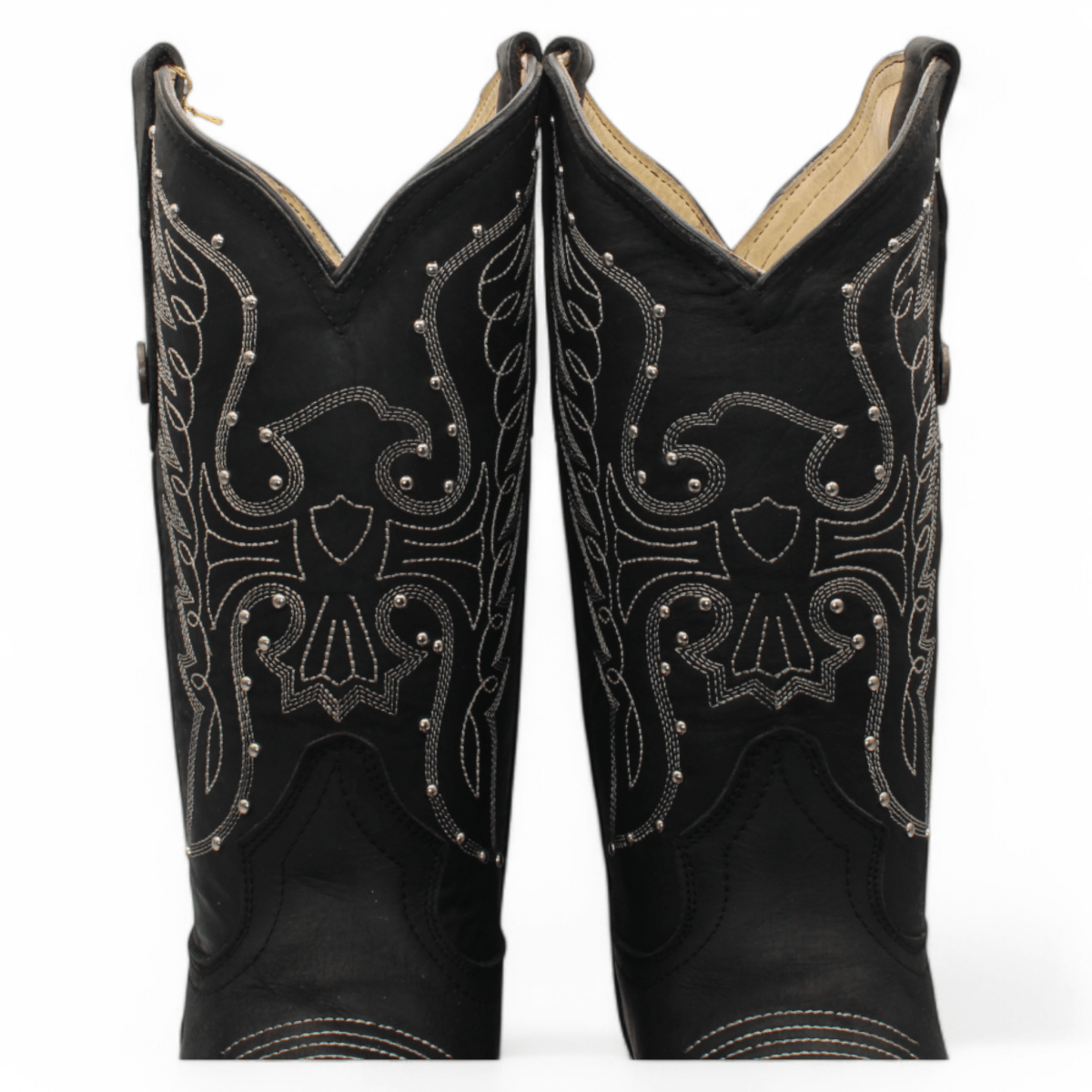 Hooch Boots Women's Handcrafted Black Genuine Crazy Horse Leather Wide Square Toe Western Boots - Detail View