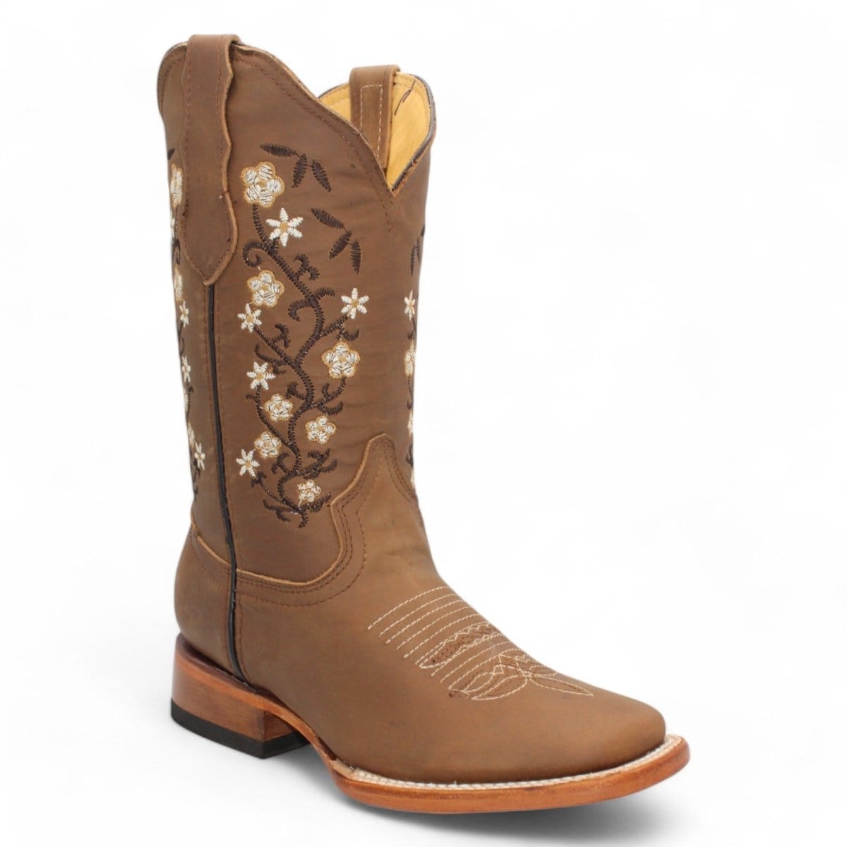 Hooch Boots Women's Handcrafted Tan Genuine Crazy Horse Leather Wide Square Toe Western Boots - Side View