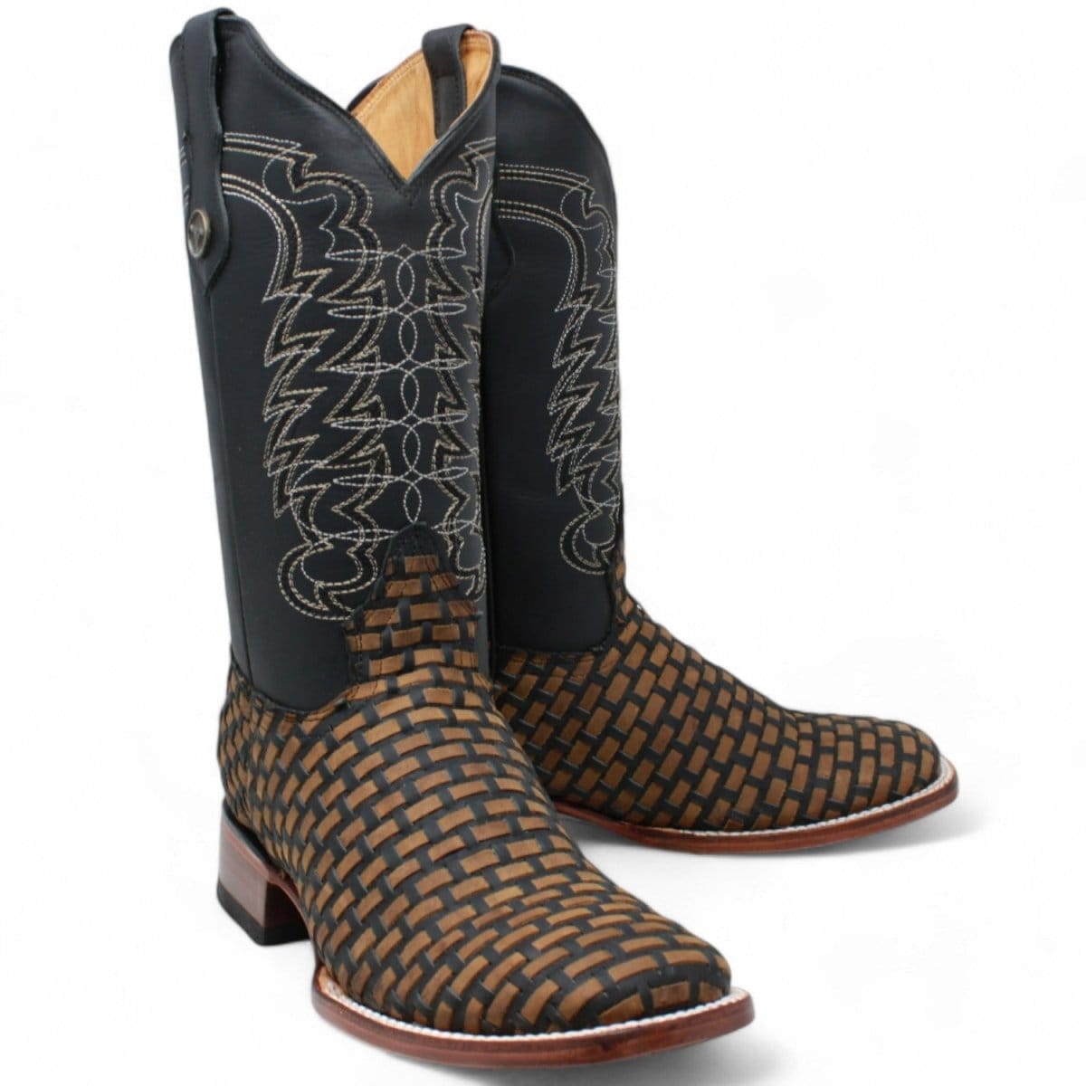 Hooch Boots Women's Handcrafted Black and Tan Woven Petatillo Print Genuine Leather Wide Square Toe Western Boots - pair Side View