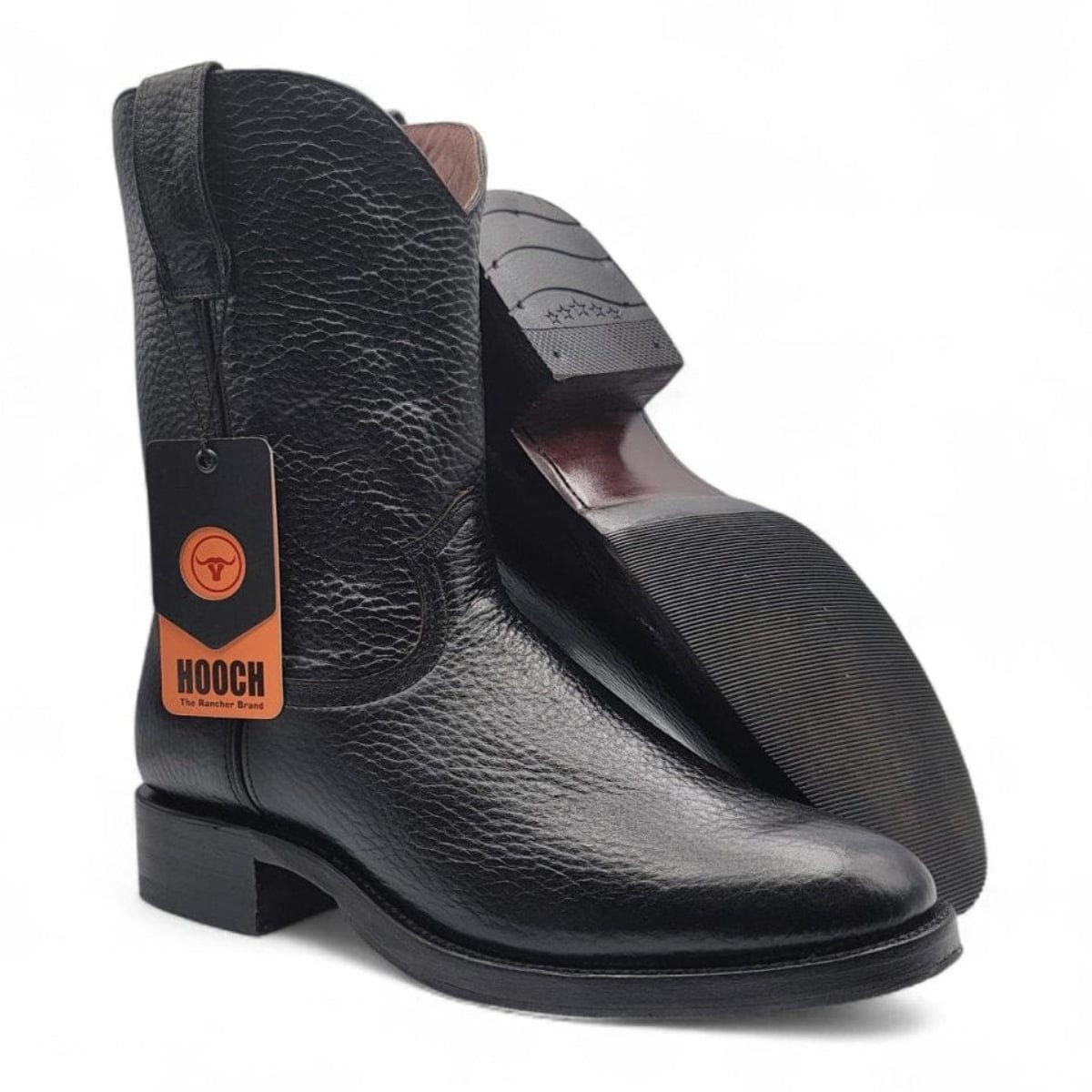 Hooch Boots Men's Handcrafted Black Soft Genuine Leather Oval Roper Toe Short Boots - Side/Sole View