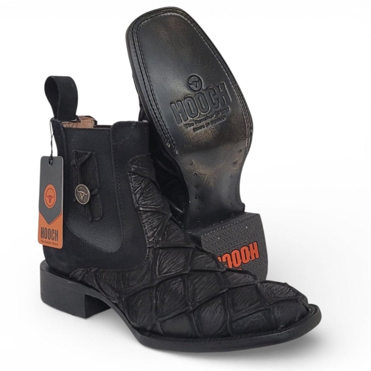 Hooch Boots Men's Handcrafted Black Pirarucu Print Genuine Leather Wide Square Toe Western Ankle Boots - Side/Sole View