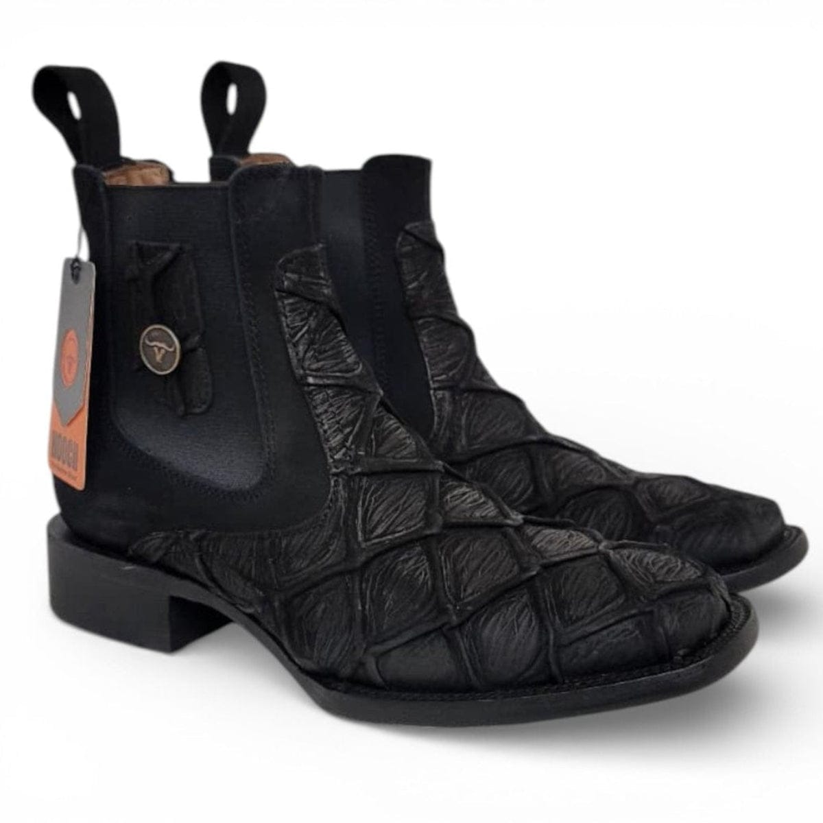 Hooch Boots Men's Handcrafted Black Pirarucu Print Genuine Leather Wide Square Toe Western Ankle Boots - Pair Side View