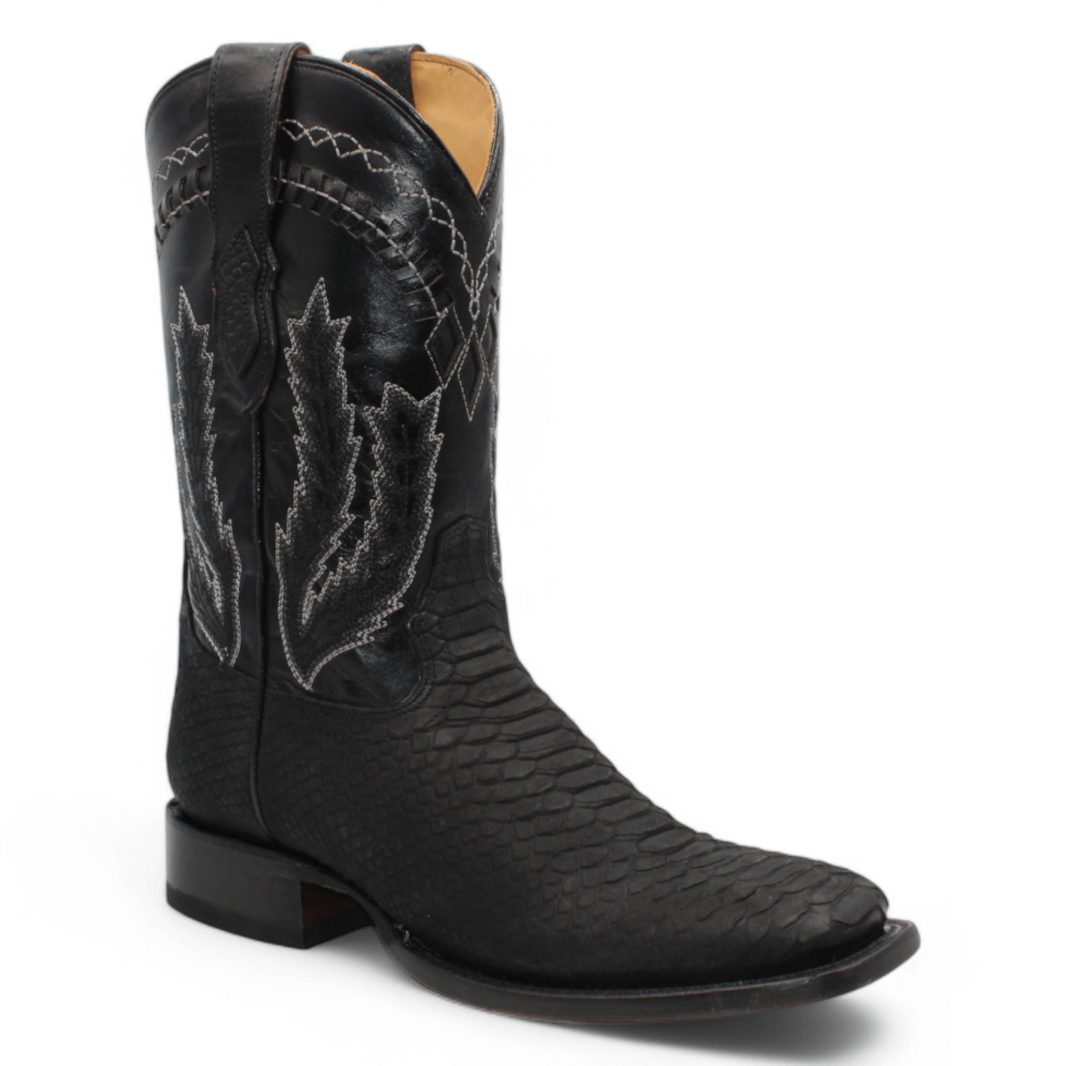 Hooch Boots Men's Handcrafted Black Python Print Leather Wide Square Toe Western Boots - Side View