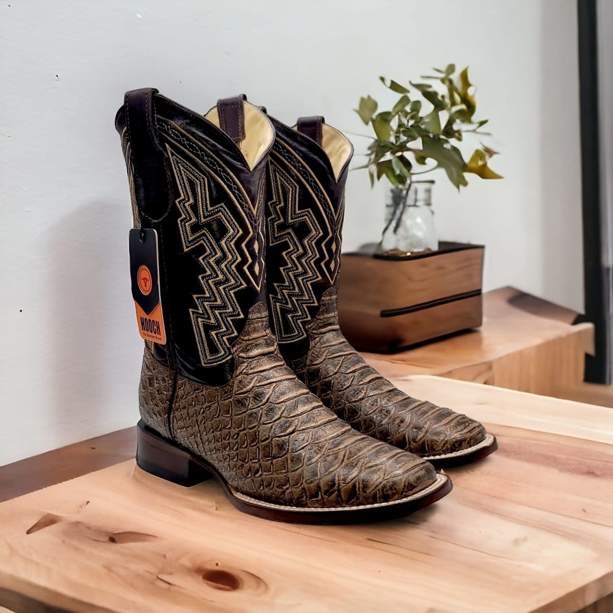 Hooch Boots Men's Handcrafted Light Brown Python Print Cowhide Leather Wide Square Toe Western Boots - Pair Side View