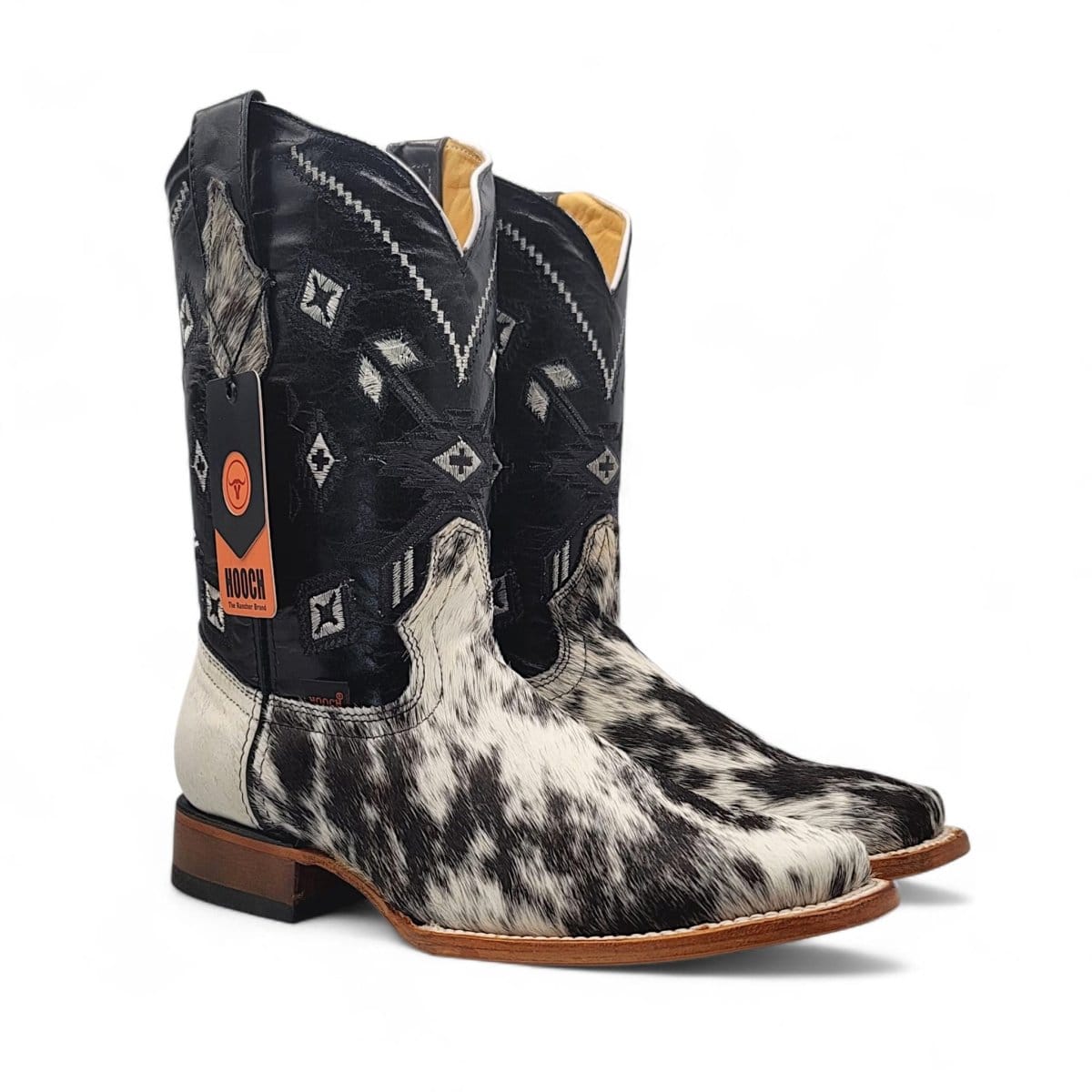 Hooch Boots Men's Handcrafted Black and White Hair-On Cowhide Leather Square Toe Western Boots - Pair Side View