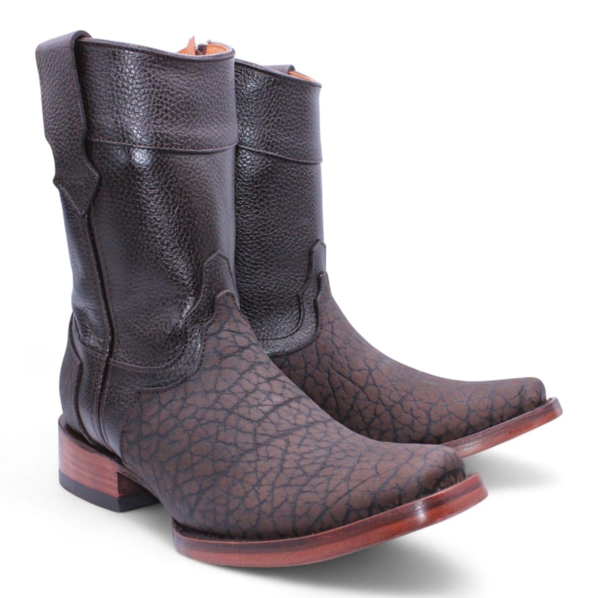Hooch Boots Men's Handcrafted Chocolate Bull Neck Genuine Leather Dubai Square Toe Western Short Boots - Pair Side View