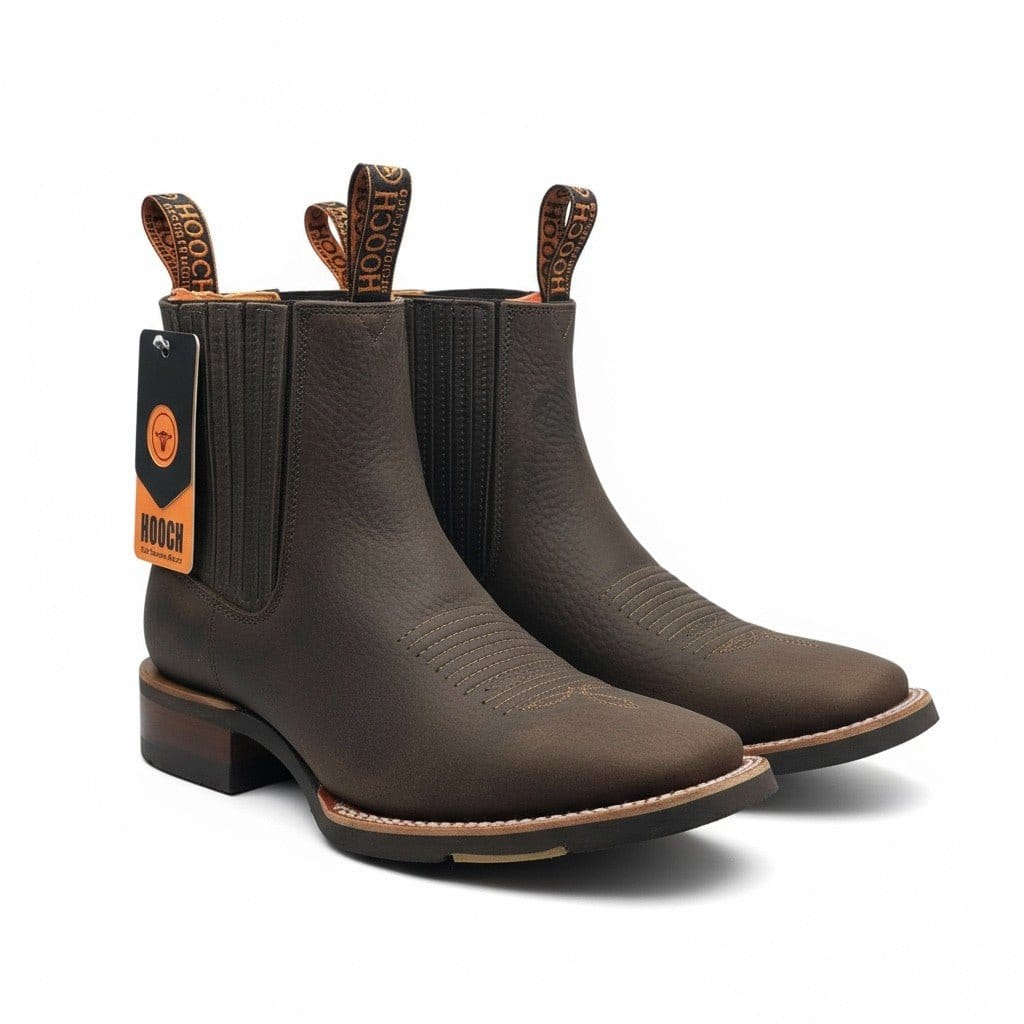 Hooch Boots Men's Handcrafted Chocolate Brown Genuine Leather Square Toe Western Ankle Boots - Pair Side View