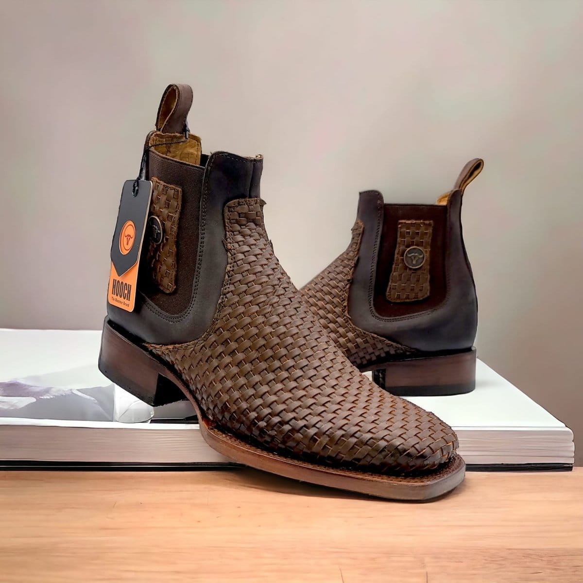 Hooch Boots Men's Handcrafted Brown Petatillo Woven Leather Square Toe Western Ankle Boots - Side View