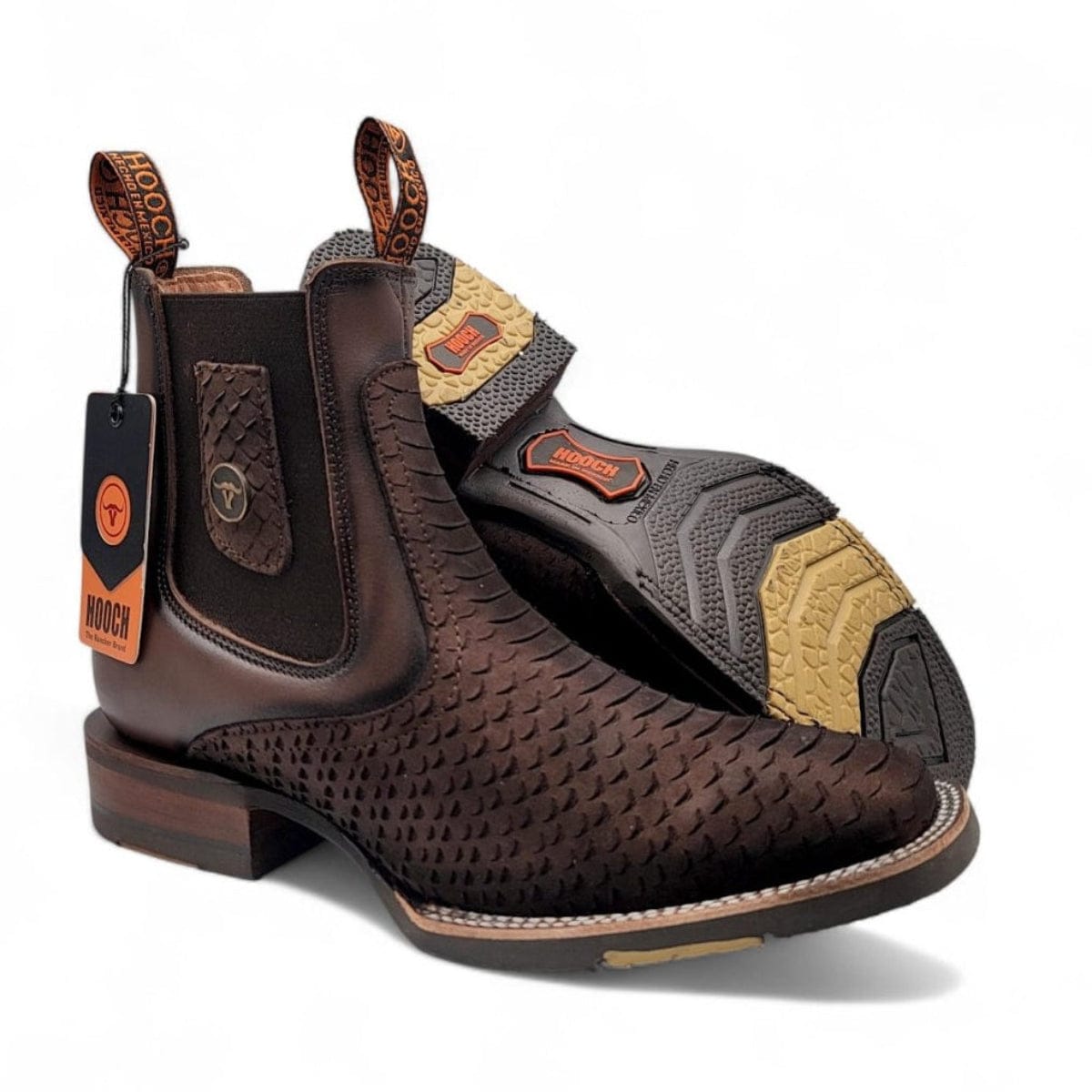 Hooch Boots Men's Handcrafted Chocolate Brown Nubuck Embossed Python Print Square Toe Western Ankle Boots - SIde/Sole View