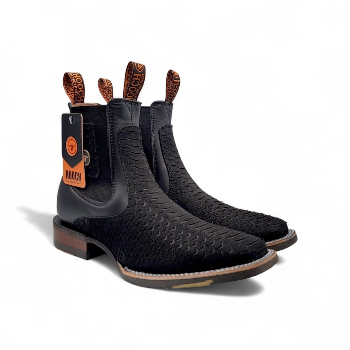 Hooch Boots Men's Handcrafted Black Nubuck Embossed Python Print Square Toe Western Ankle Boots - Pair Side View