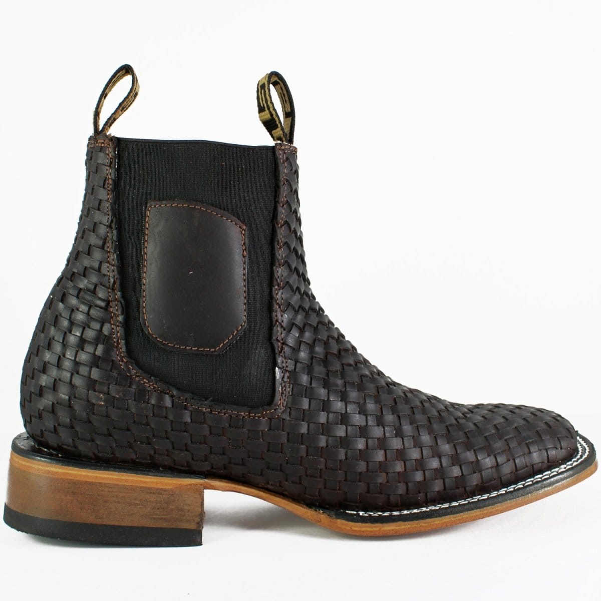 Hooch Boots Men's Handcrafted Brown Genuine Cowhide Leather Petatillo Woven Square Toe Charro Western Ankle Boots - Right Side View