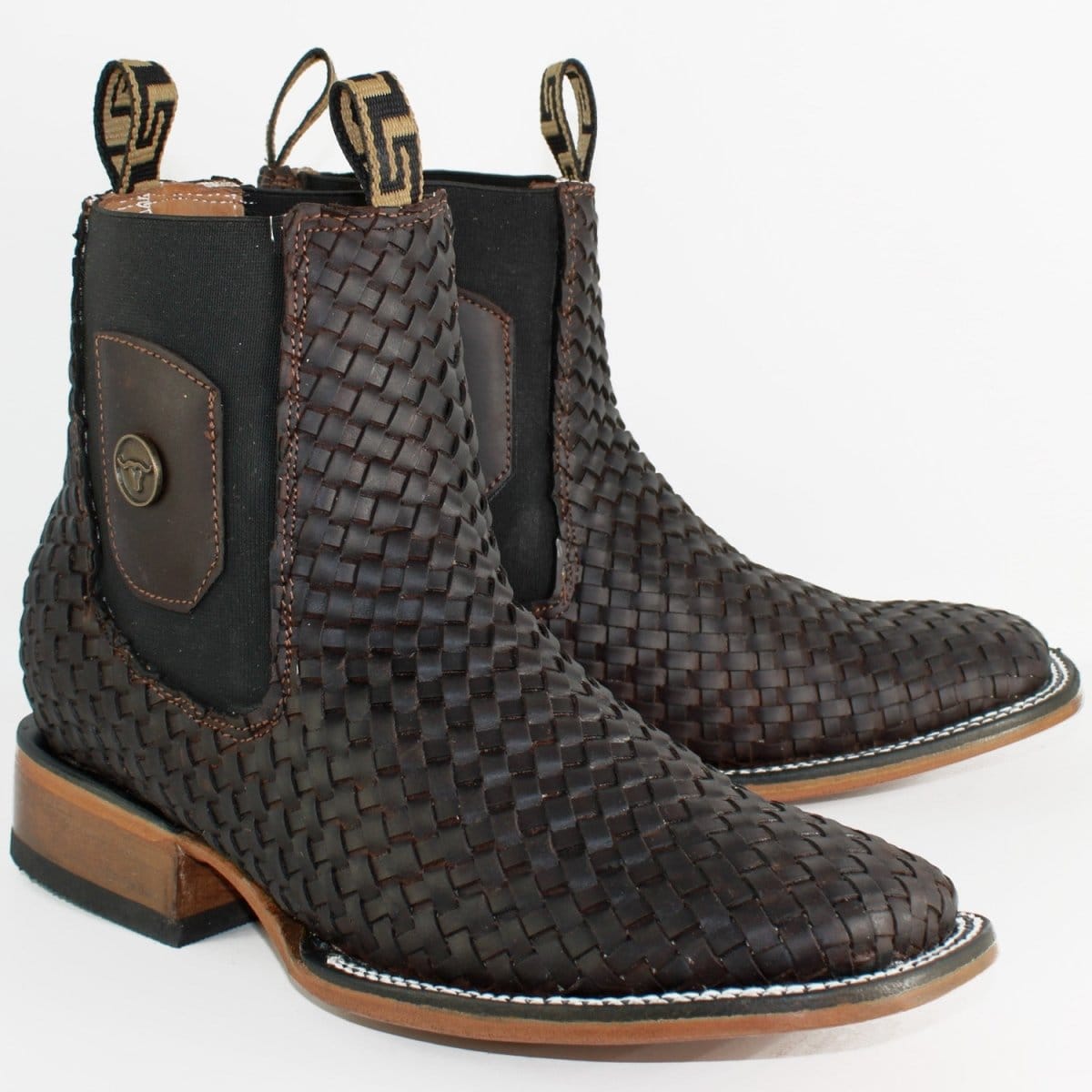 Hooch Boots Men's Handcrafted Brown Genuine Cowhide Leather Petatillo Woven Square Toe Charro Western Ankle Boots - Pair Side View