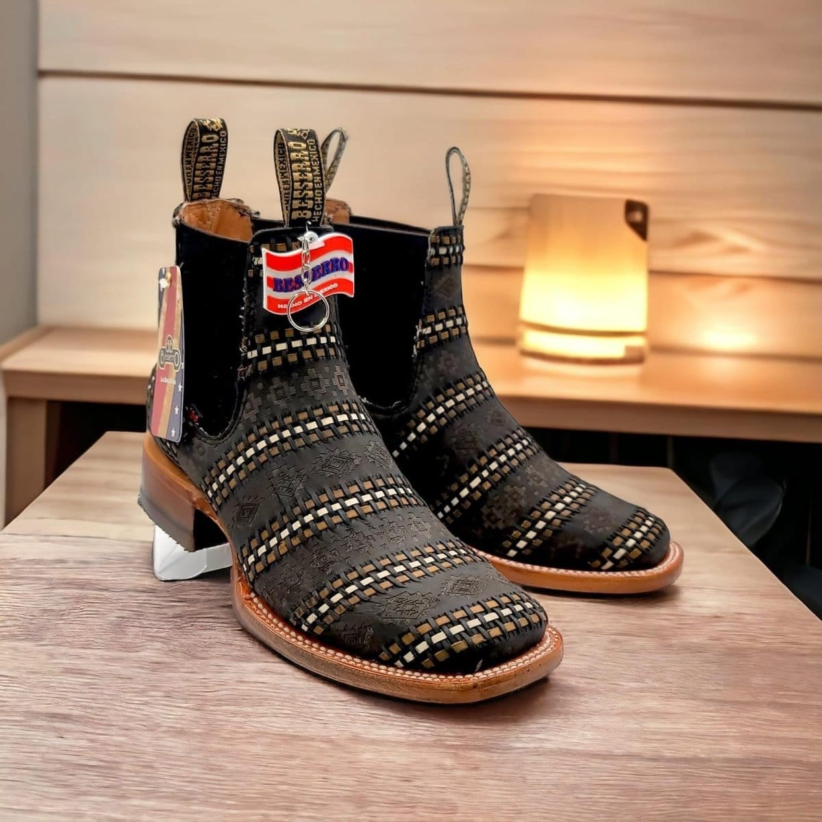 El Besserro Men's Handcrafted Dark Brown Genuine Petatillo Woven Leather Wide Square Toe Western Ankle Boots - Pair Side View