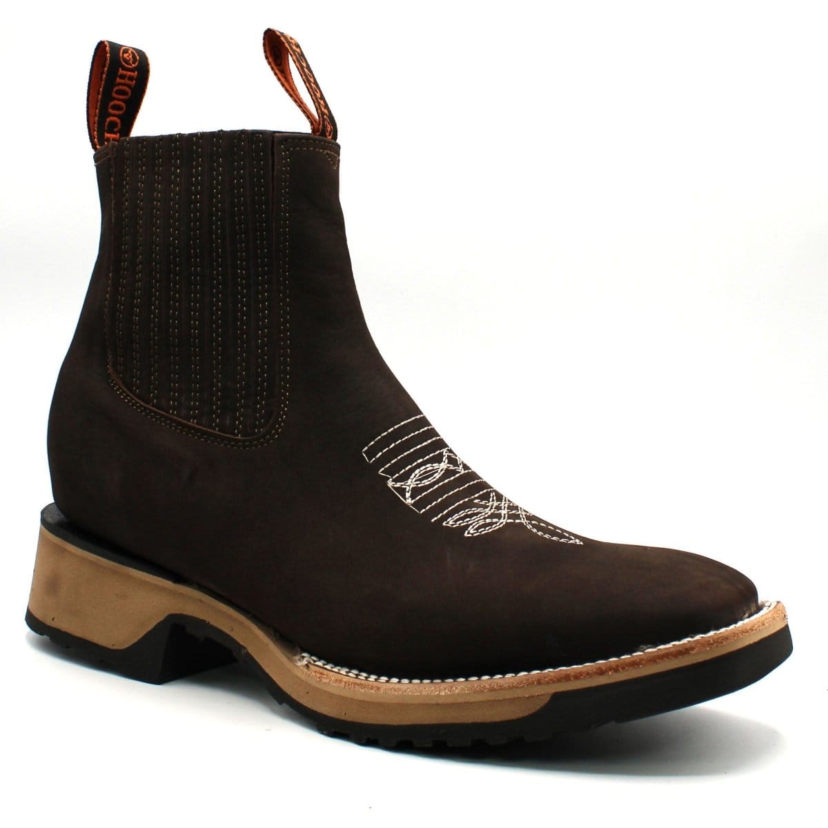 Hooch Boots Men's Handcrafted Chocolate Brown Crazy Genuine Leather Wide Square Toe Western Ankle Boots - Side View