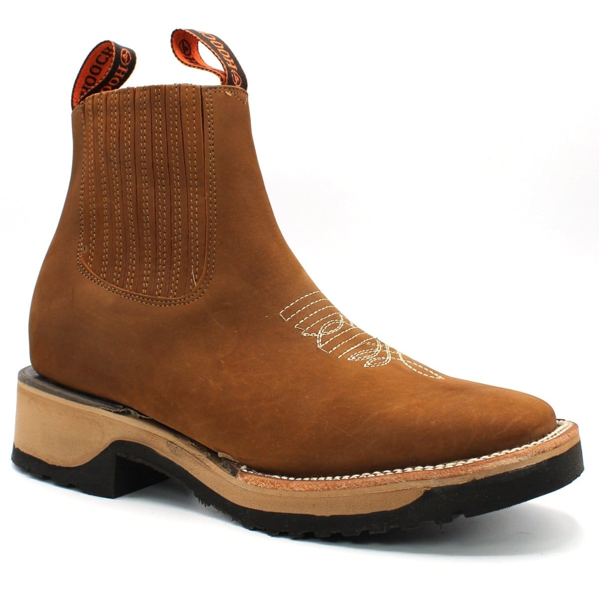 Hooch Boots Men's Handcrafted Tan Crazy Genuine Leather Wide Square Toe Western Ankle Boots - Side View