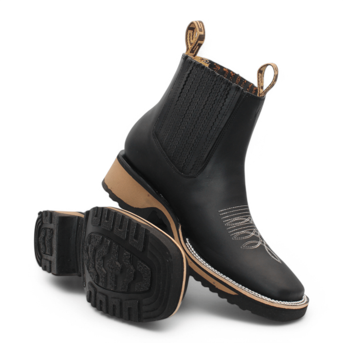 Hooch Boots Men's Black Crazy Genuine Leather Wide Square Toe Western Ankle Boots - Side/Sole View
