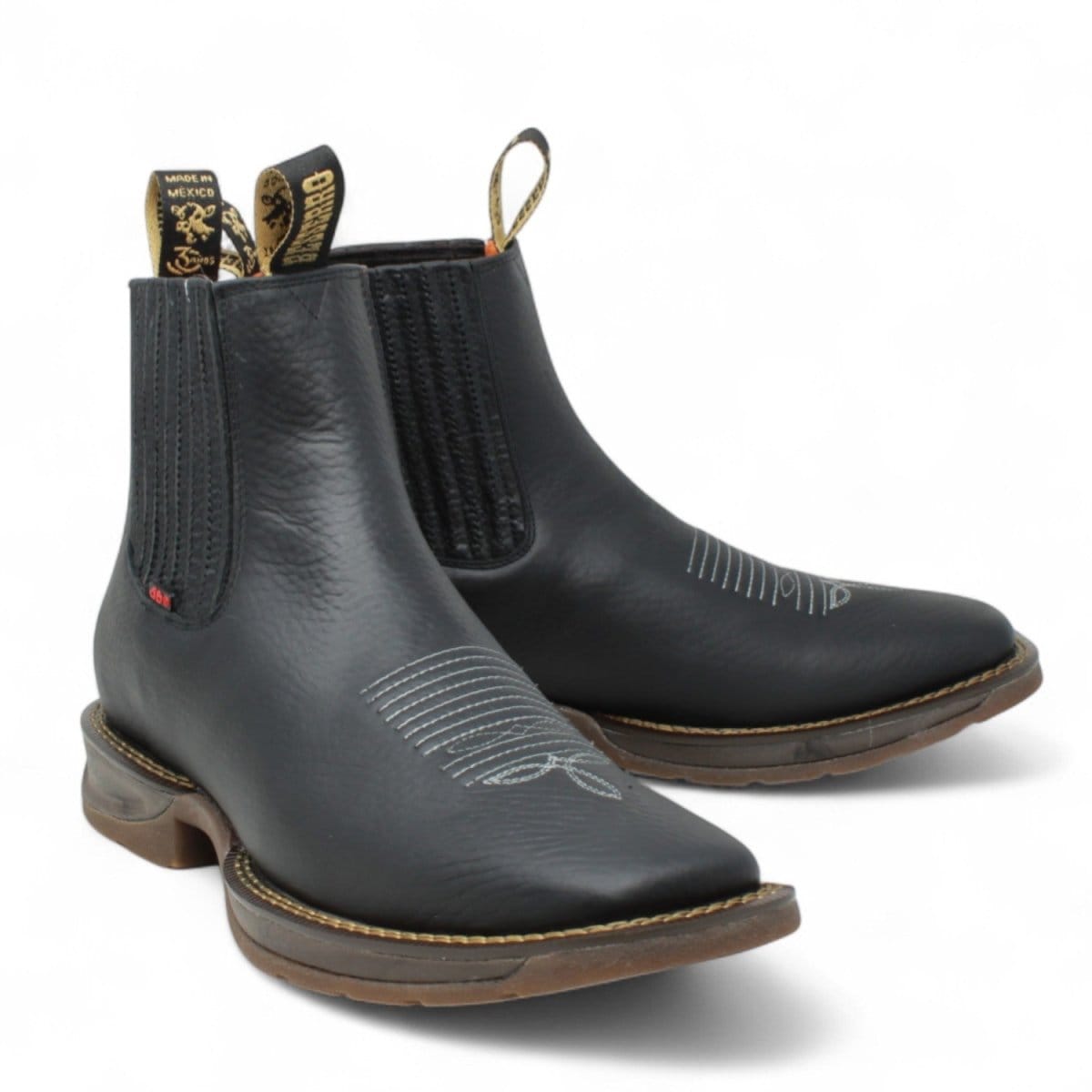 El Besserro Men's Handcrafted Black Genuine Cowhide Leather Wide Square Toe Western Ankle Boots - Pair Side View