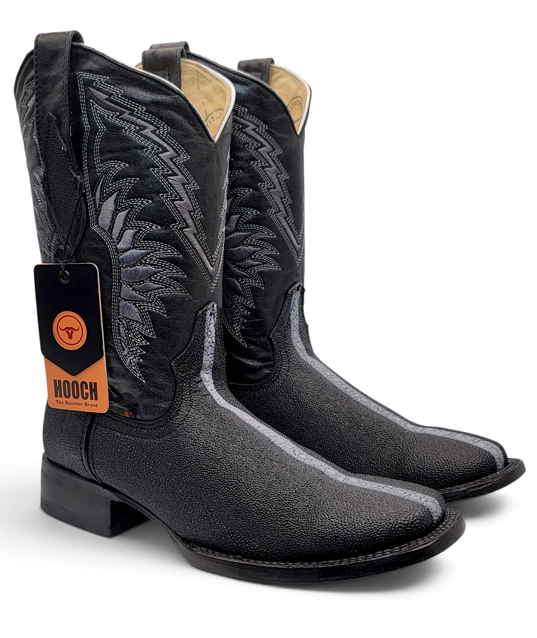 Hooch Men's Cowboy Boots Men's Genuine Leather Stingray Print Square Toe Boots and Belt Combo Black Color – Hooch Boots