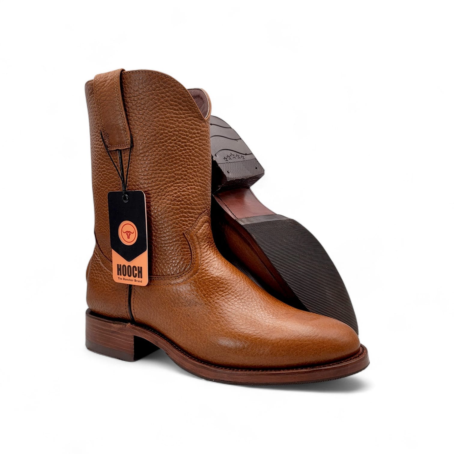 Hooch Mens Roper Boot Honey – Soft Genuine Leather Round Toe Western Boot H52PR5172 - Side/Sole View