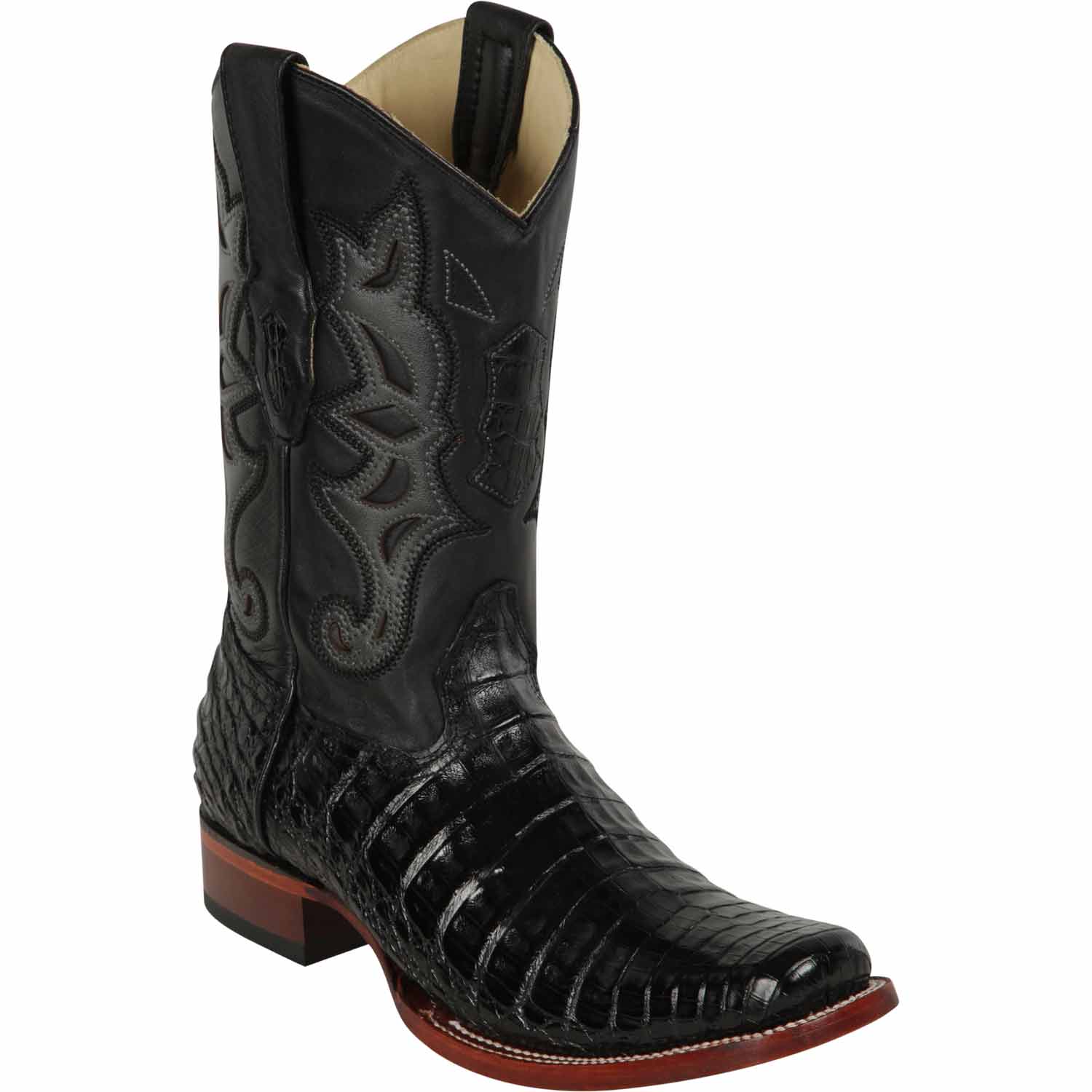 Western Genuine Caiman Belly Skin Rodeo Square Toe Boots Black Color - Los Altos boots - Side View 
