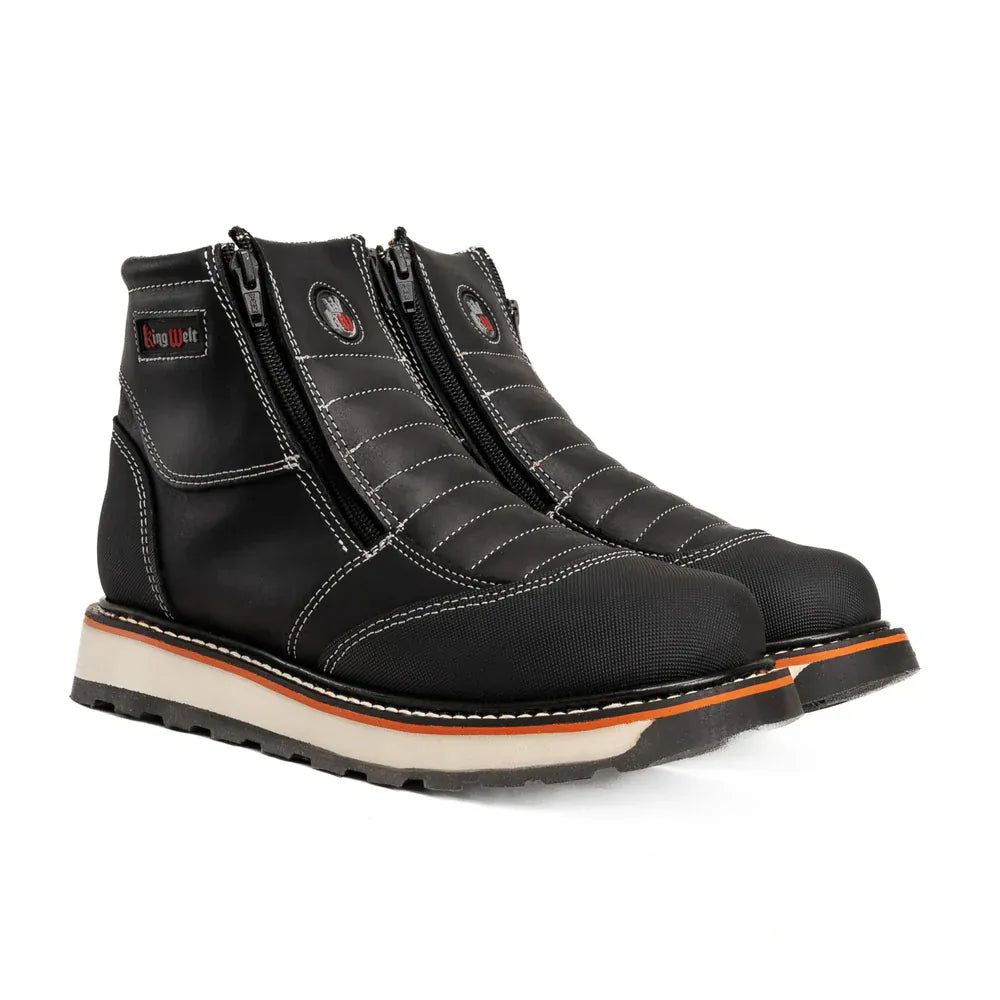 King Welt Boots Ultra Flex 6" Double Zipper Work Boots Soft Toe Full-Grain Leather Black Color - King Welt