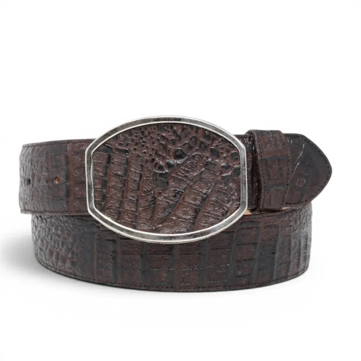 La Carreta Men´s Caiman Print Metal Buckle Western Belt - Brown - Front View