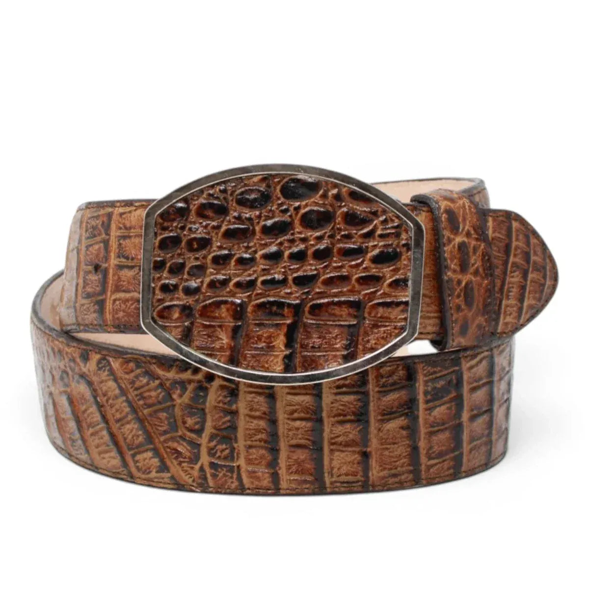 La Carreta Men´s Caiman Print Metal Buckle Western Belt - Honey - Front View