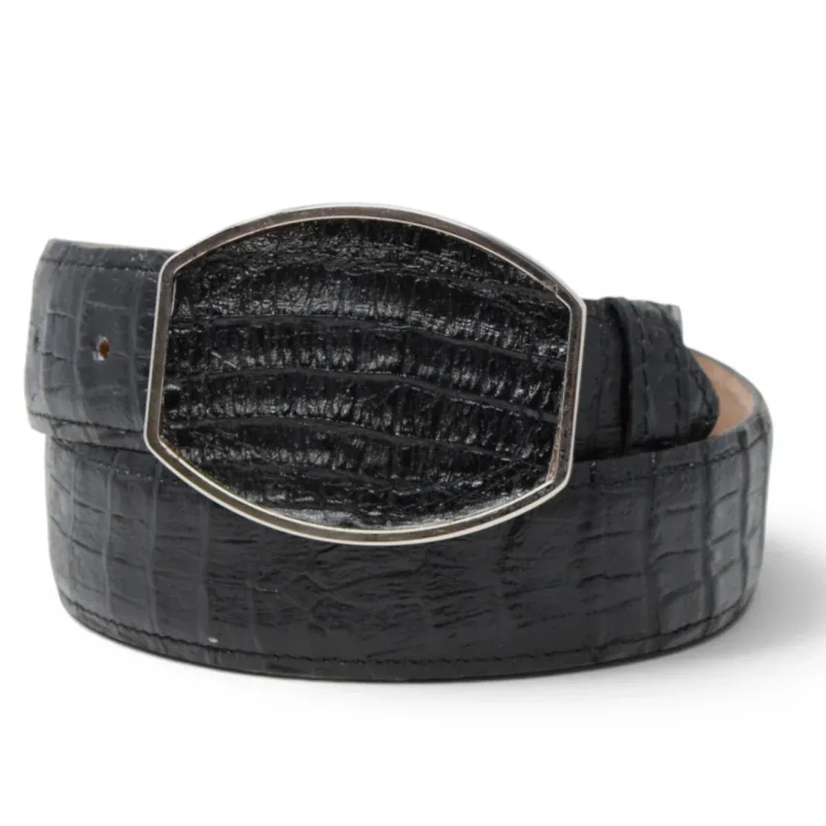 La Carreta Men´s Caiman Print Metal Buckle Western Belt - Black - Front View
