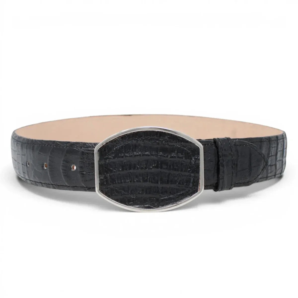 La Carreta Men´s Caiman Print Metal Buckle Western Belt - Black - Front View