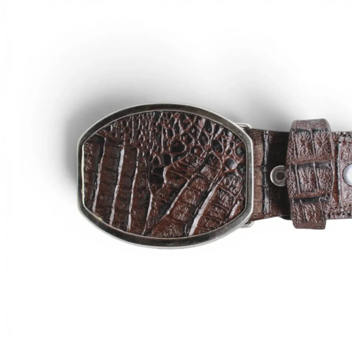 La Carreta Men´s Caiman Print Metal Buckle Western Belt - Brown - Buckle View