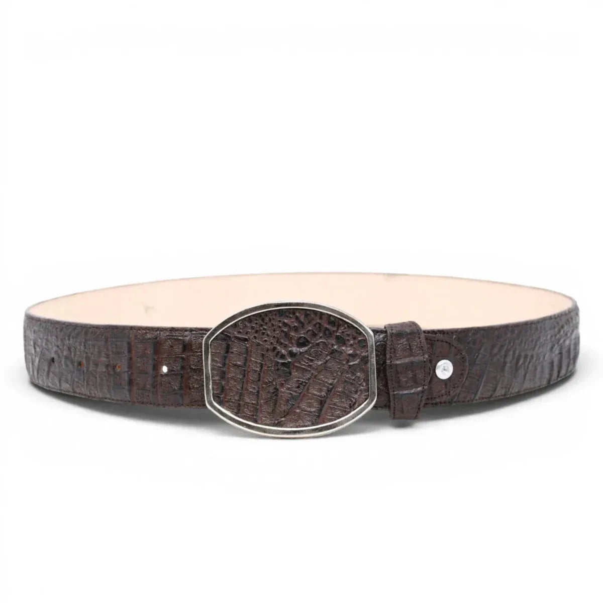 La Carreta Men´s Caiman Print Metal Buckle Western Belt - Brown - Front View