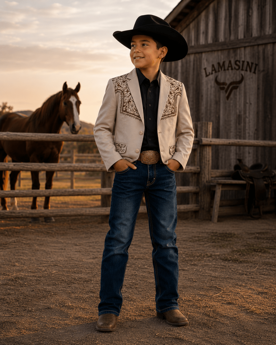 Boys' embroidered western blazer with formal style In Beige by Lamasini 