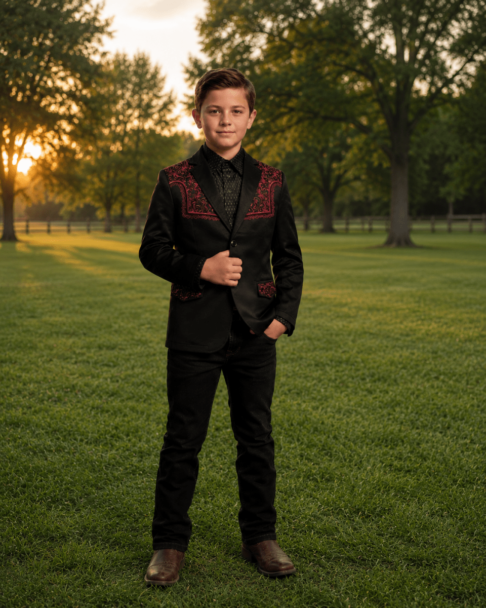 Boys' embroidered western blazer with formal style In Black/Burgundy by Lamasini 