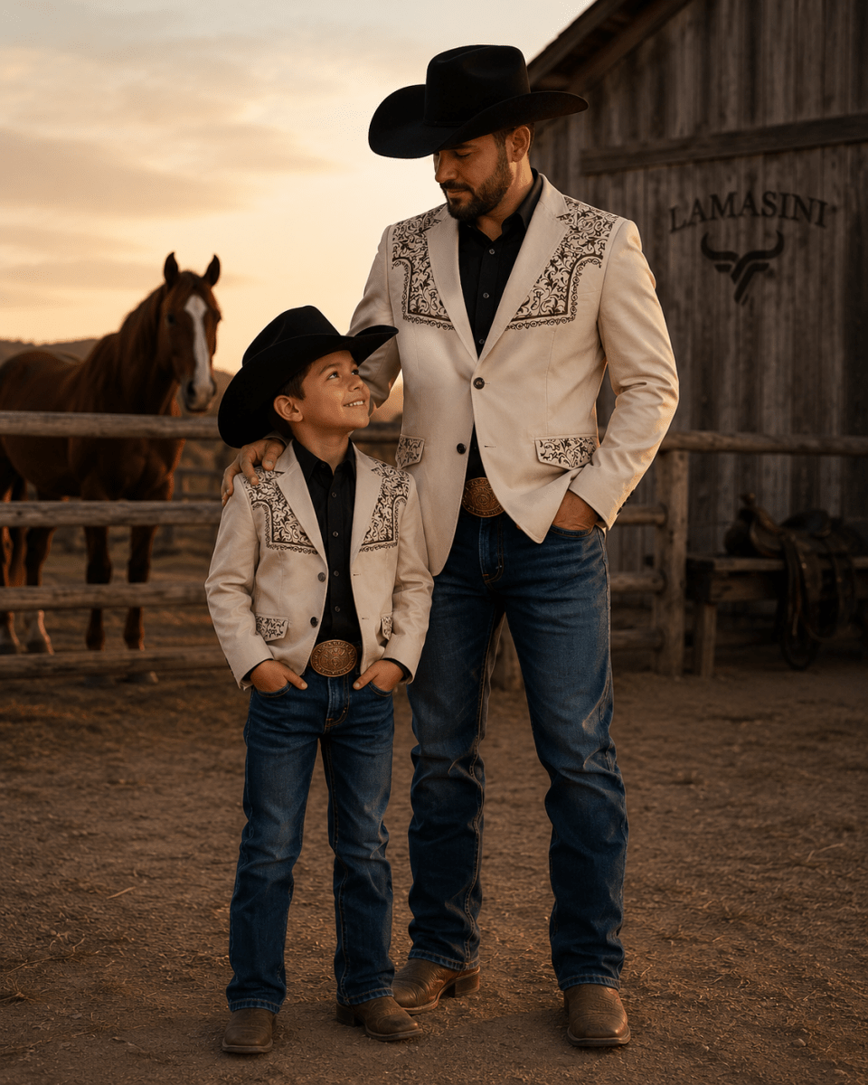 Boys' embroidered western blazer with formal style In Beige by Lamasini 