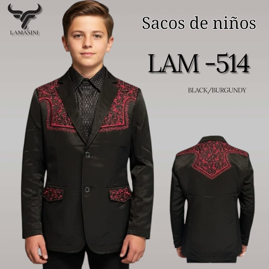 Boys' embroidered western blazer with formal style In Black/Burgundy by Lamasini 