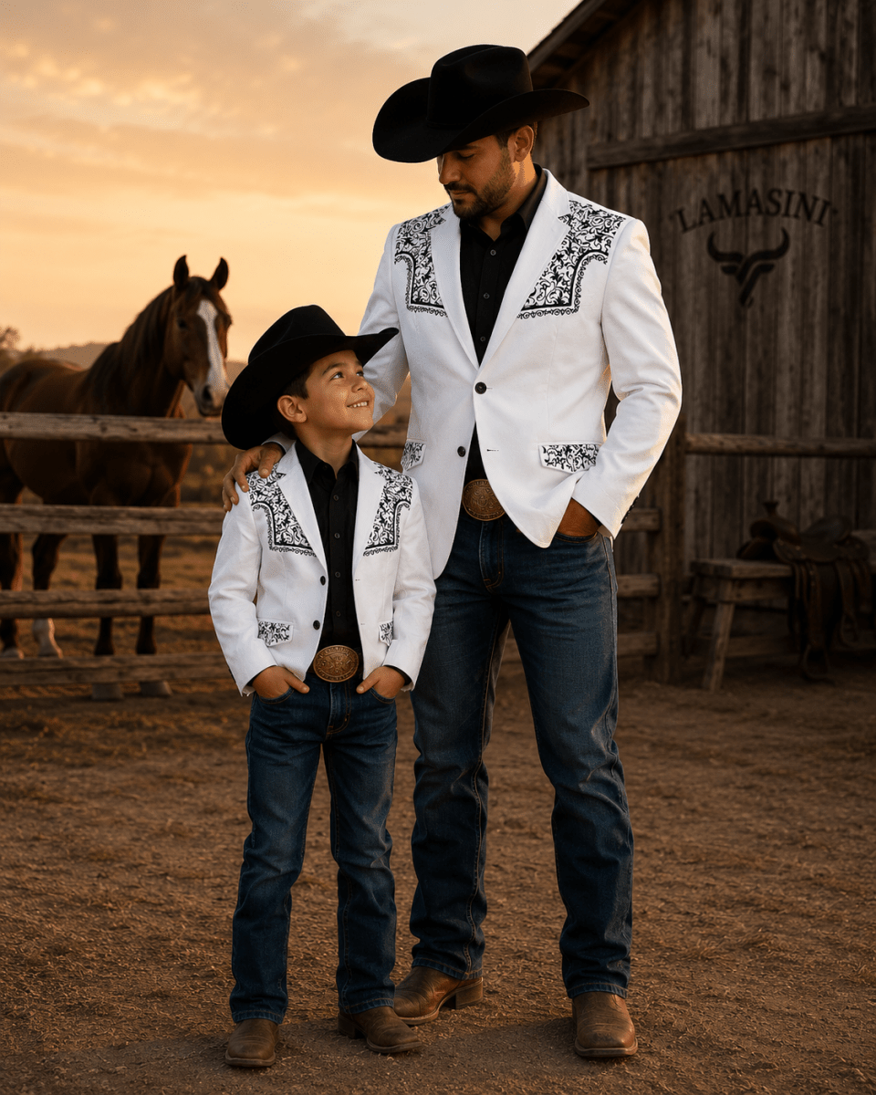 Boys' white embroidered western blazer with formal style by Lamasini