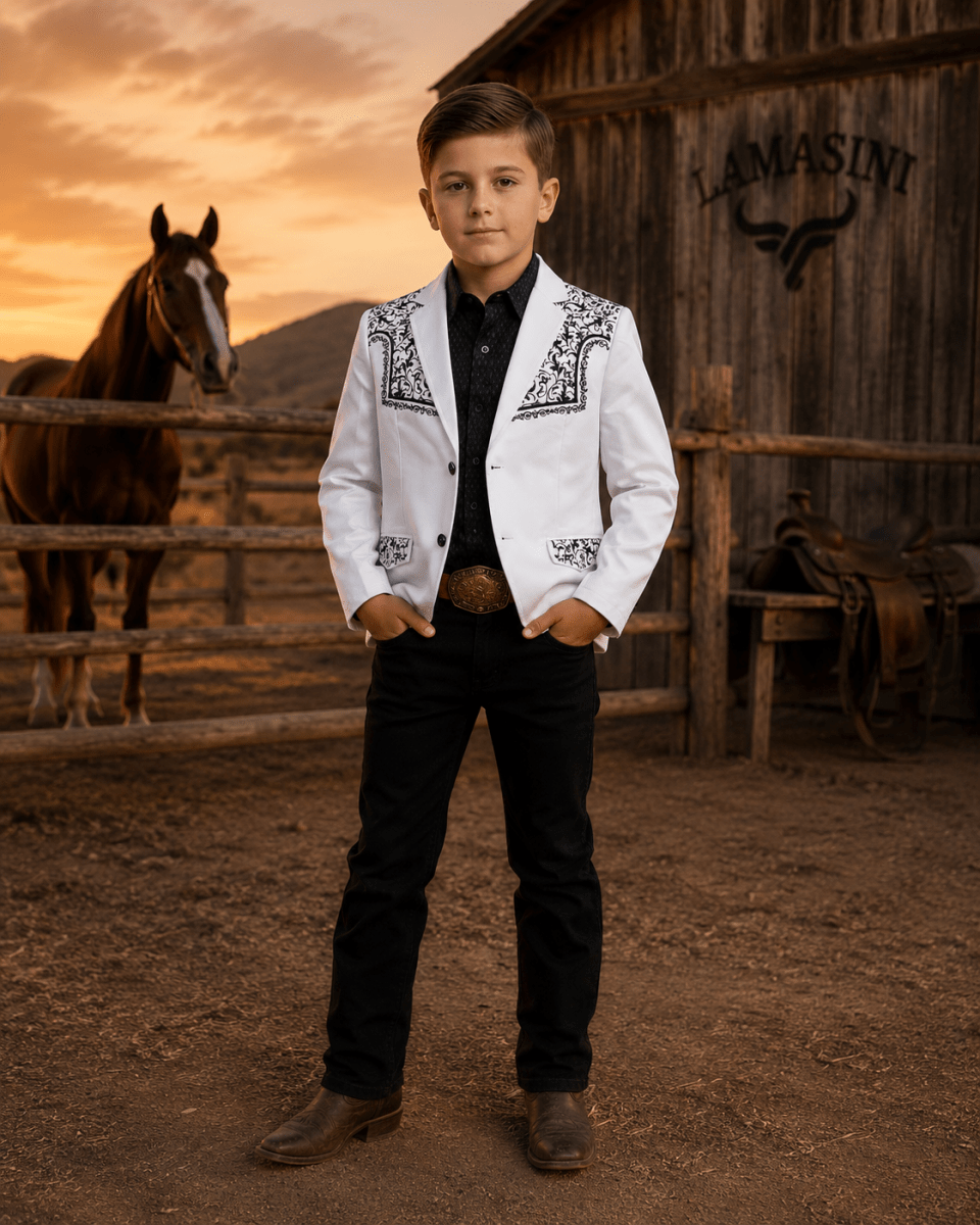 Boys' white embroidered western blazer with formal style by Lamasini 