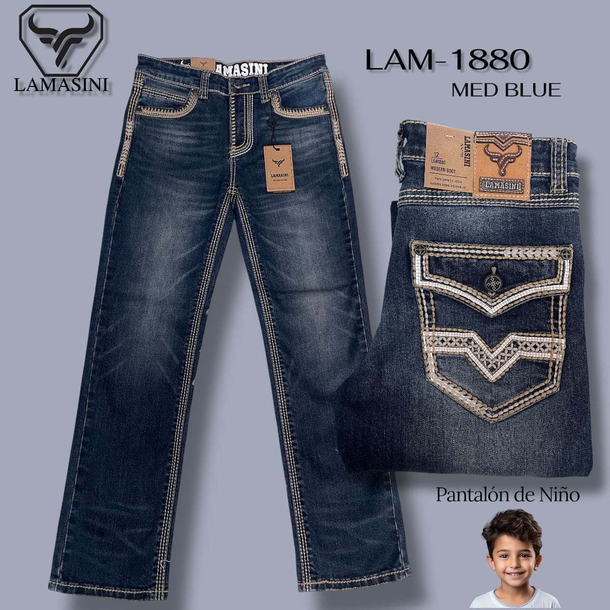 Lamasini Jeans 2 / Med Blue Lamasini Boys' Denim Jeans LAM-1880