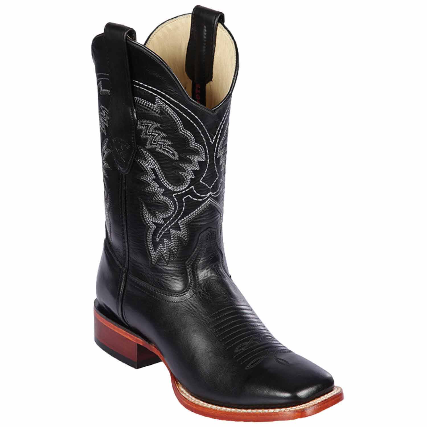 Western Genuine Pull Up Leather Rodeo Wide Square Toe Boots Black Color - Los Altos Boots - Side View 