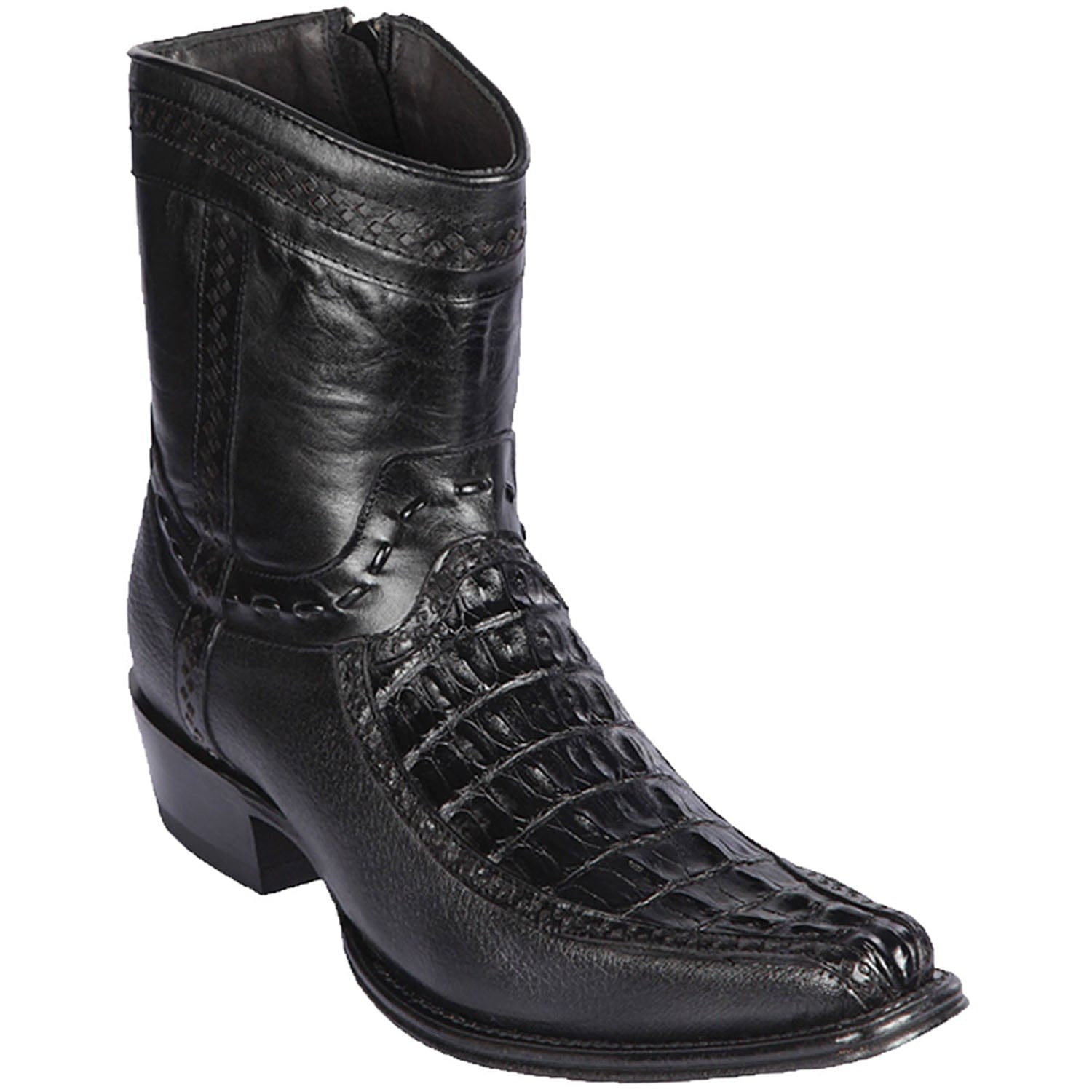 Men's Genuine Caiman Tail and Deer Skin European Square Toe Short Boots With Zipper Black Color - Los Altos Boots
