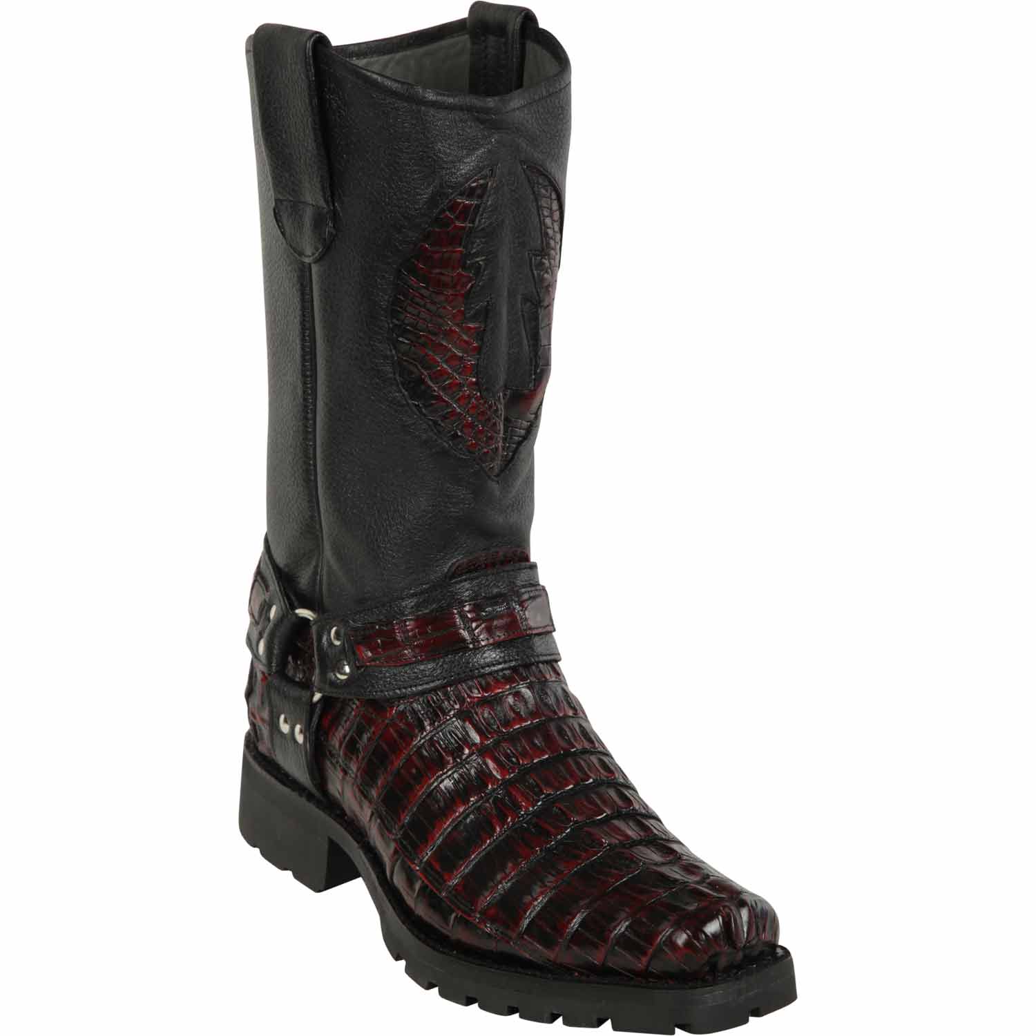 Western Genuine Caiman Tail Skin Biker Boots Black Cherry Color - Los Altos Boots - Side View 