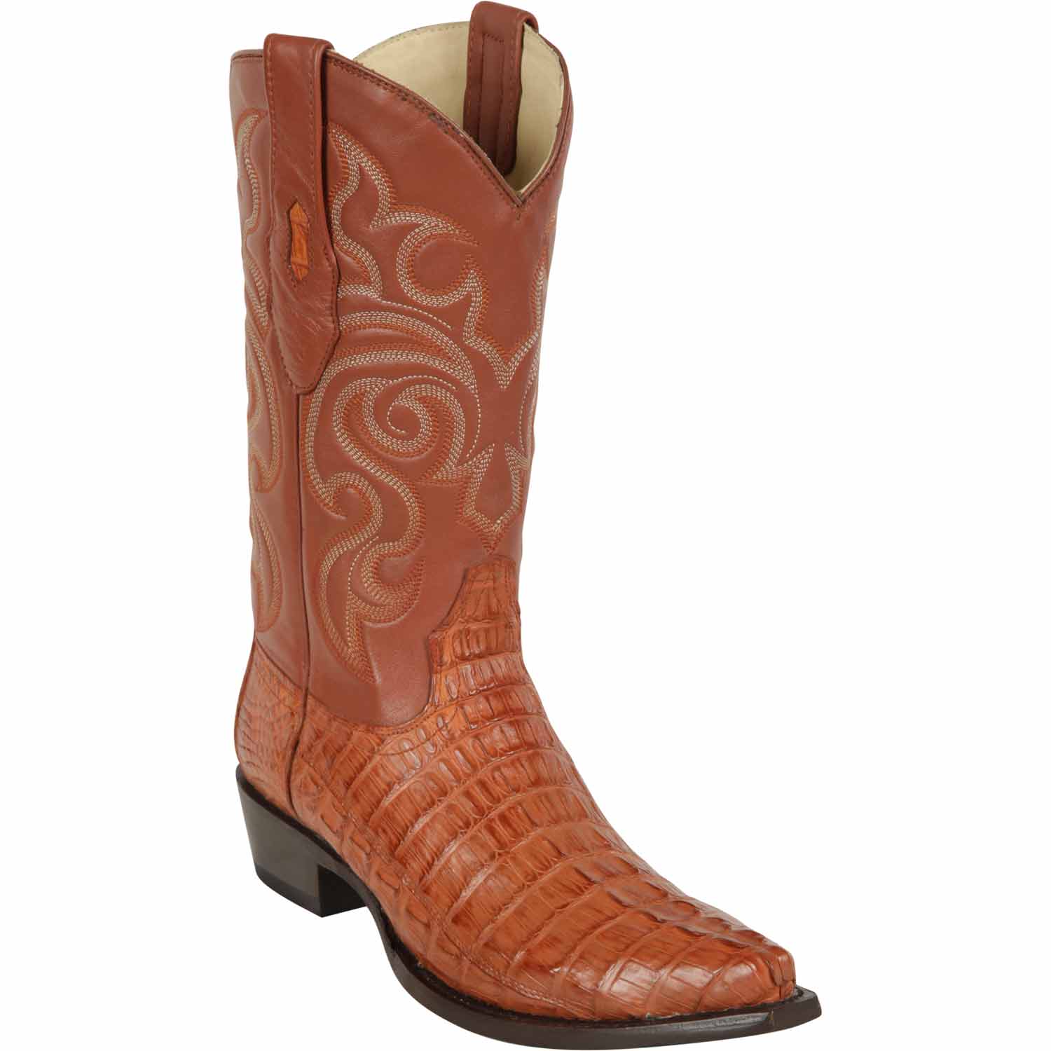Western Genuine Caiman Tail Snip Toe Boots Cognac Color - Los Altos Boots - Side View 