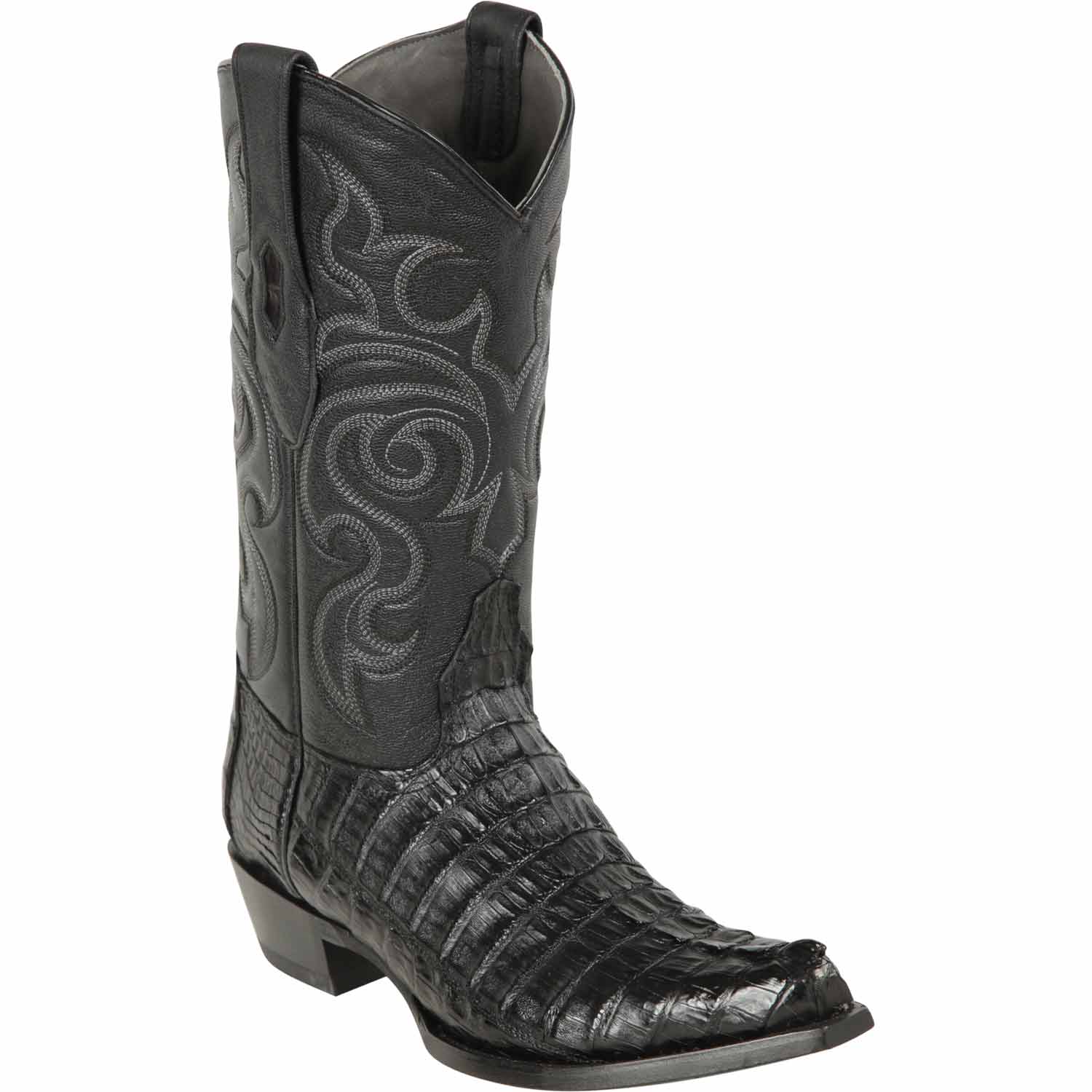 Western Genuine Caiman Tail Snip Toe Boots Black Color - Los Altos Boots - Side View 